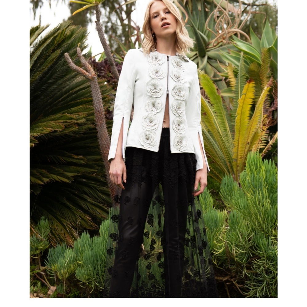 Anne Fontaine White Leather Jacket with Floral Details